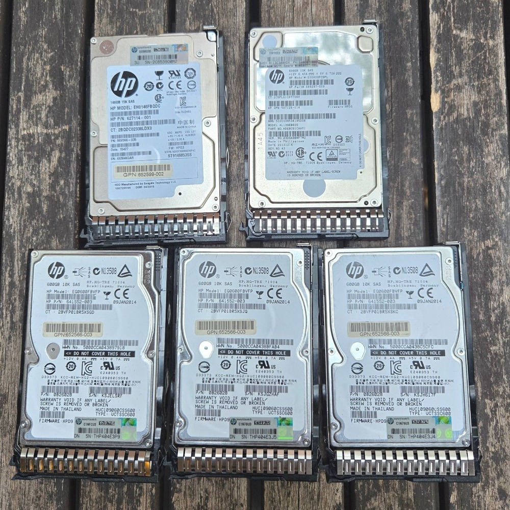 Lot of 5 HP 600GB 10K 2.5" SAS Enterprise Hard Drives w/ Caddies